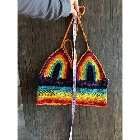 Multicolored Rainbow Halter Cropped Top Size S Hand made Y2K Retro Hippie - Picture 6 of 7